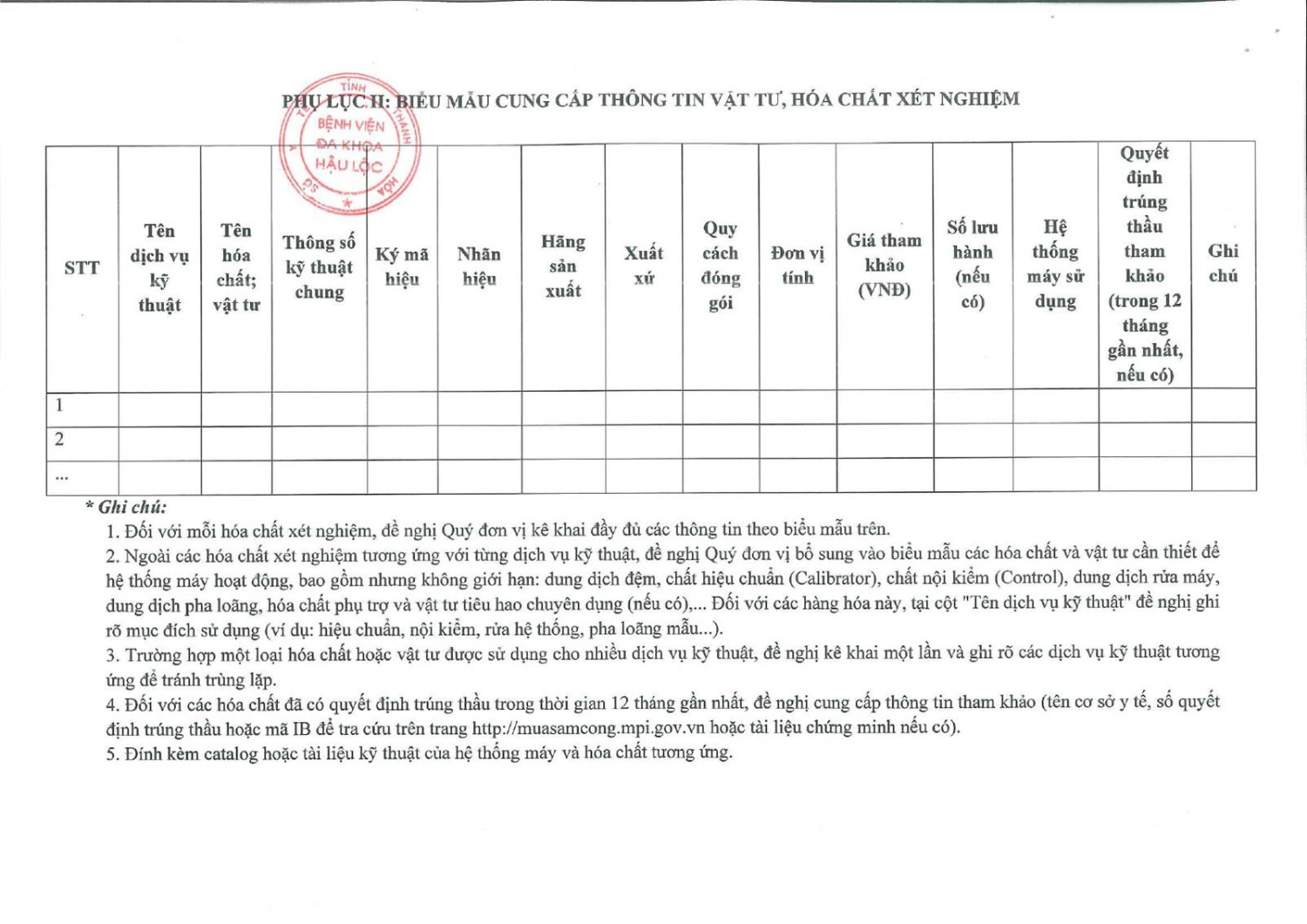 Phụ lục danh mục vật tư hóa chất xét nghiệm chi tiết kèm theo thư mời