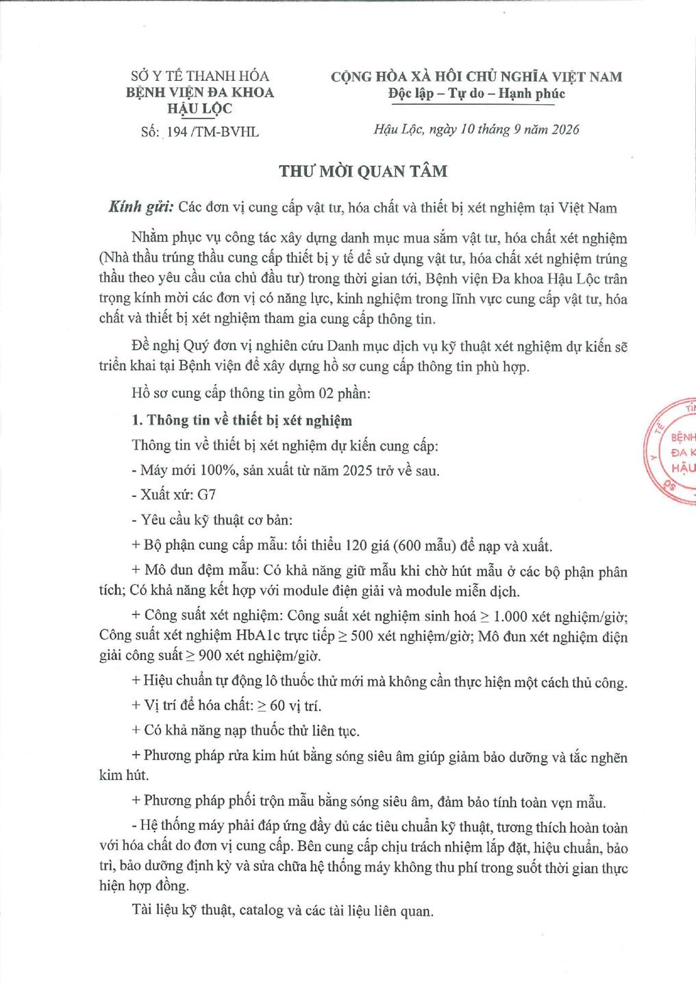 Thư mời quan tâm về việc cung cấp thông tin vật tư hóa chất xét nghiệm trang 1